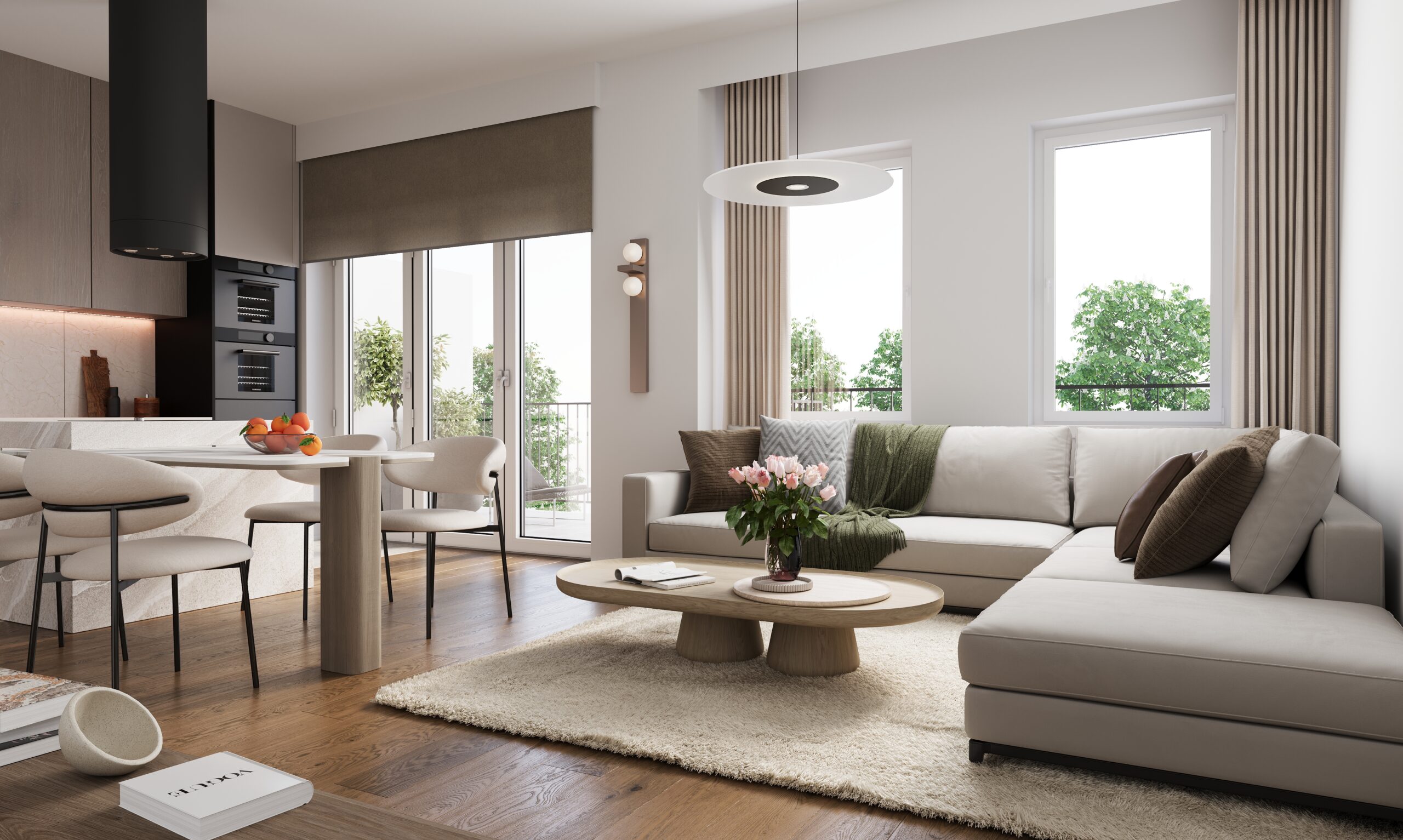 Lichtdurchflutetes Wohnzimmer mit Landhausdielen im Projekt TRÈSVIVA
